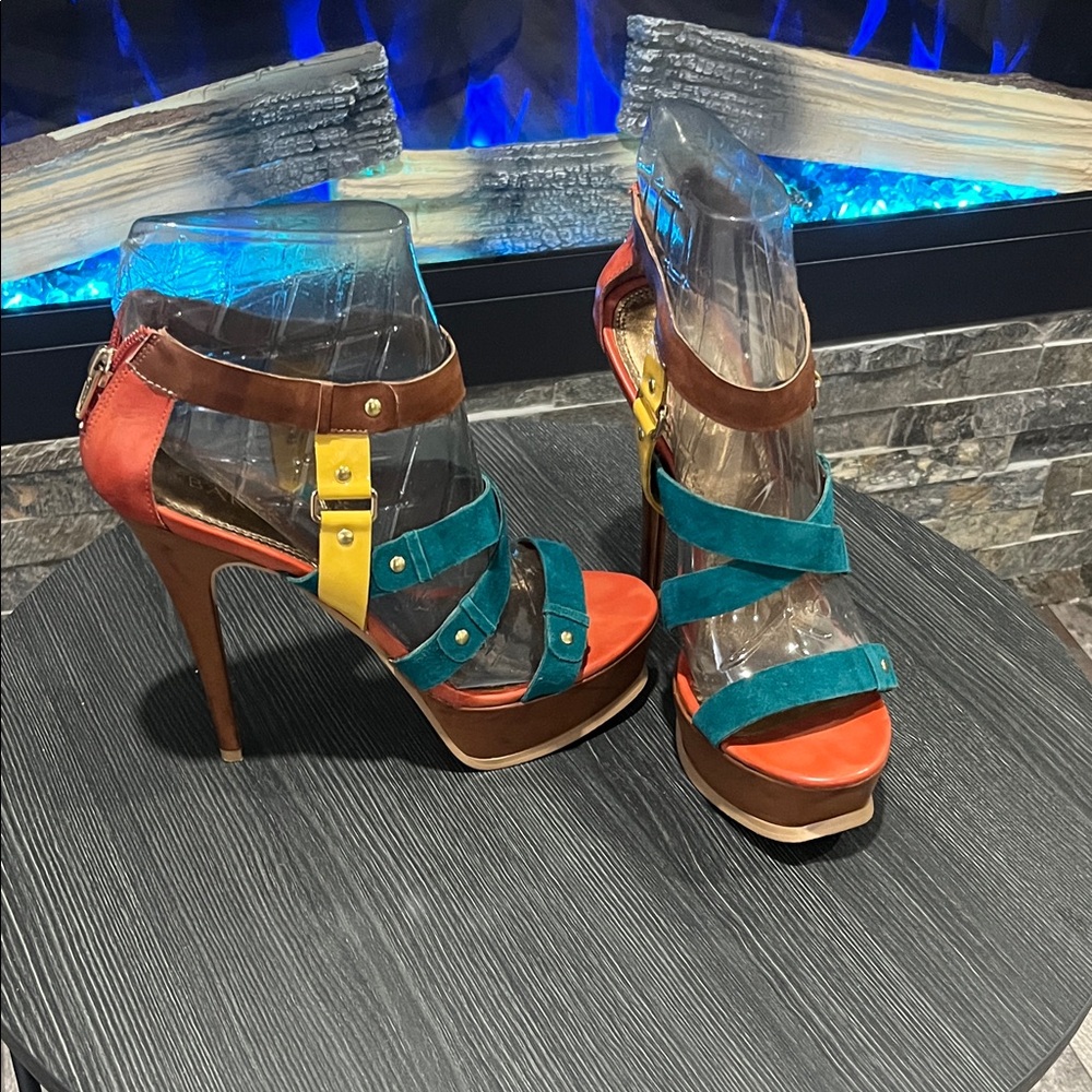 Bakers Red, Teal, and Yellow Strappy Heels